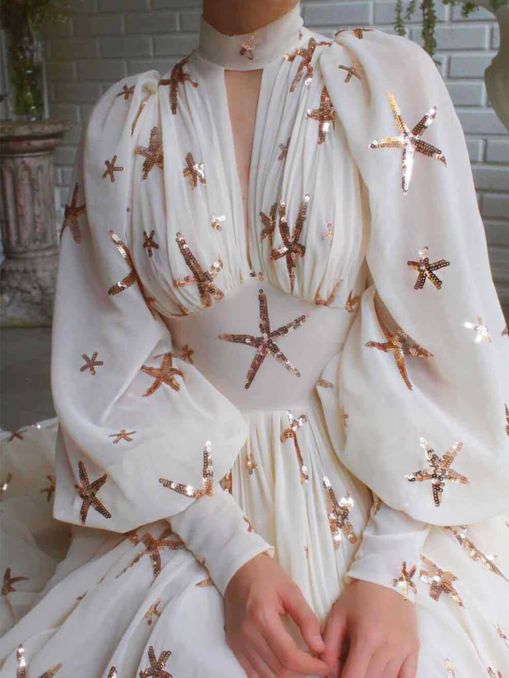 Sequin Starfish Chiffon High Neck Keyhole Lantern Sleeve High Split Gown 2