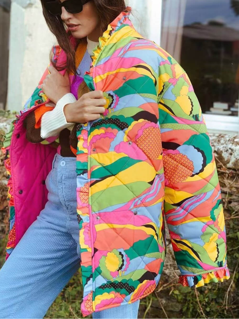 Abstract Print Ruffle Trim Stand Collar Quilted Jacket