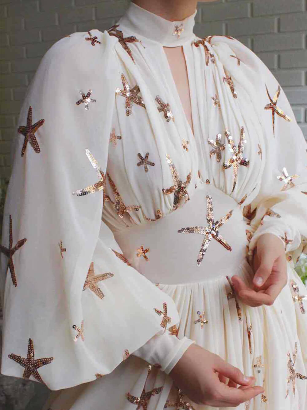 Sequin Starfish Chiffon High Neck Keyhole Lantern Sleeve High Split Gown 3