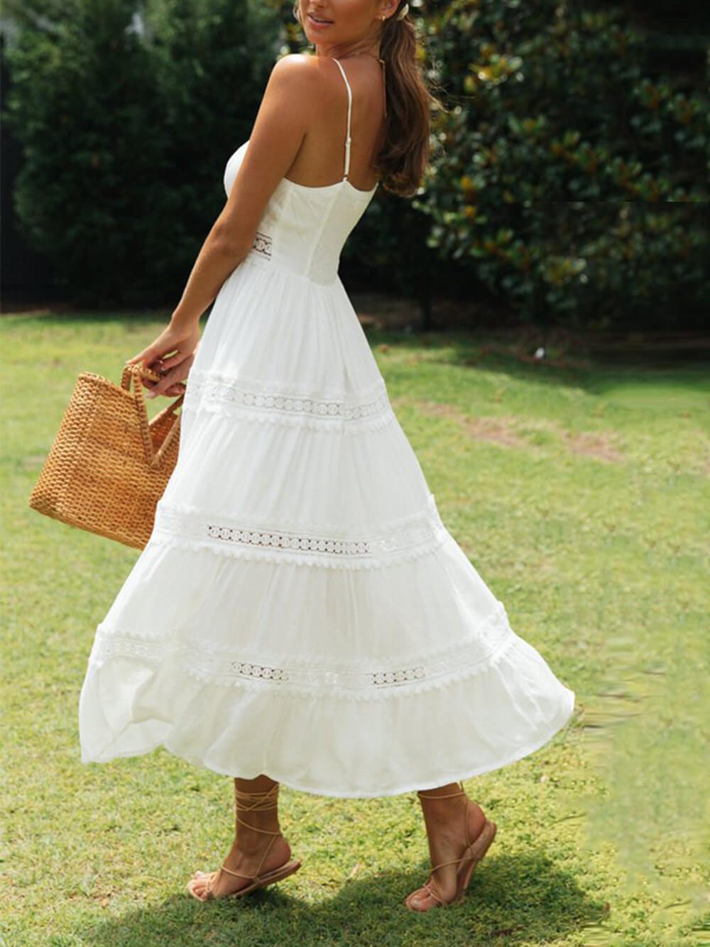 Solid Color Lace Suspender Midi Dress - View 2