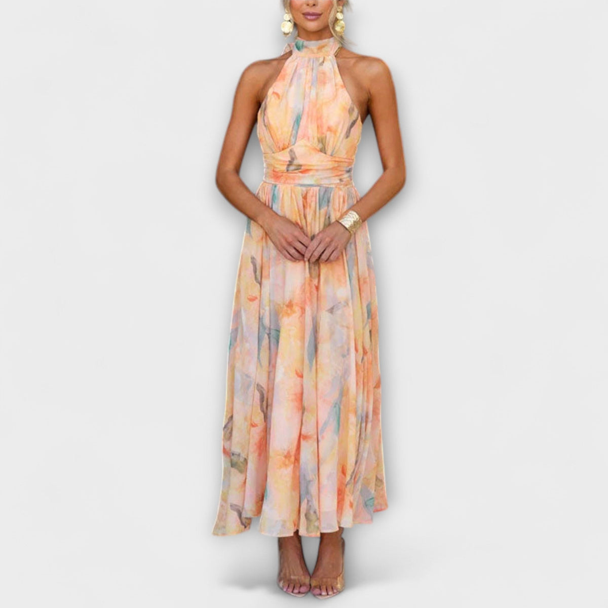 Halter Neck Watercolor Print Open Back Maxi Dress