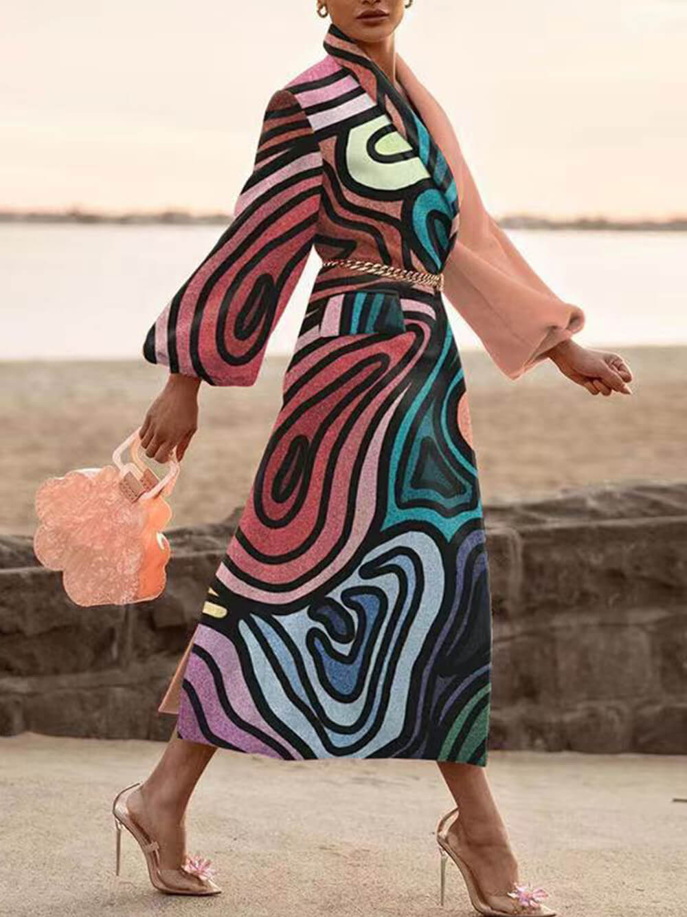 Swirl Print Lapel Collar Belted Longline Coat