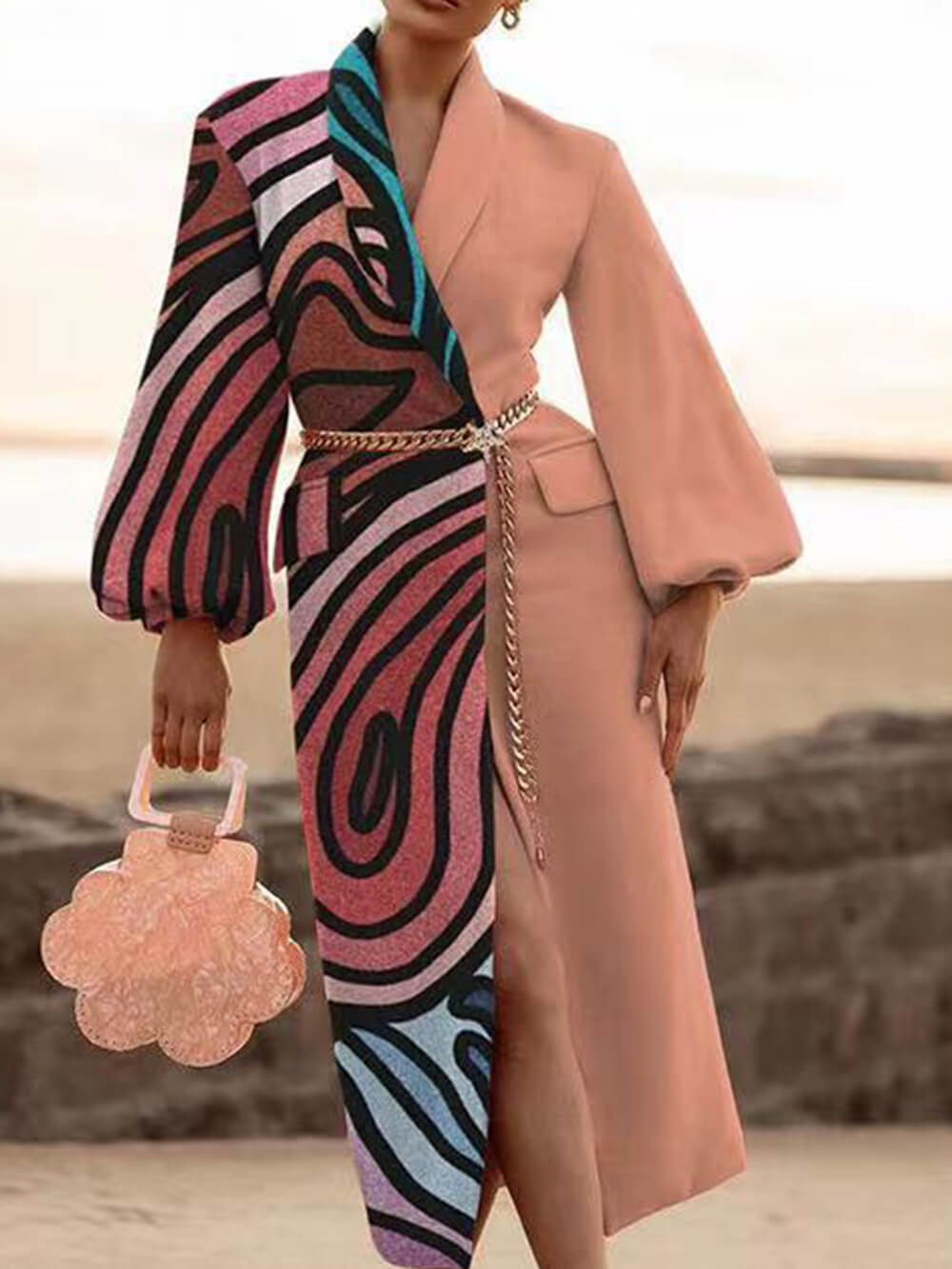 Swirl Print Lapel Collar Belted Longline Coat