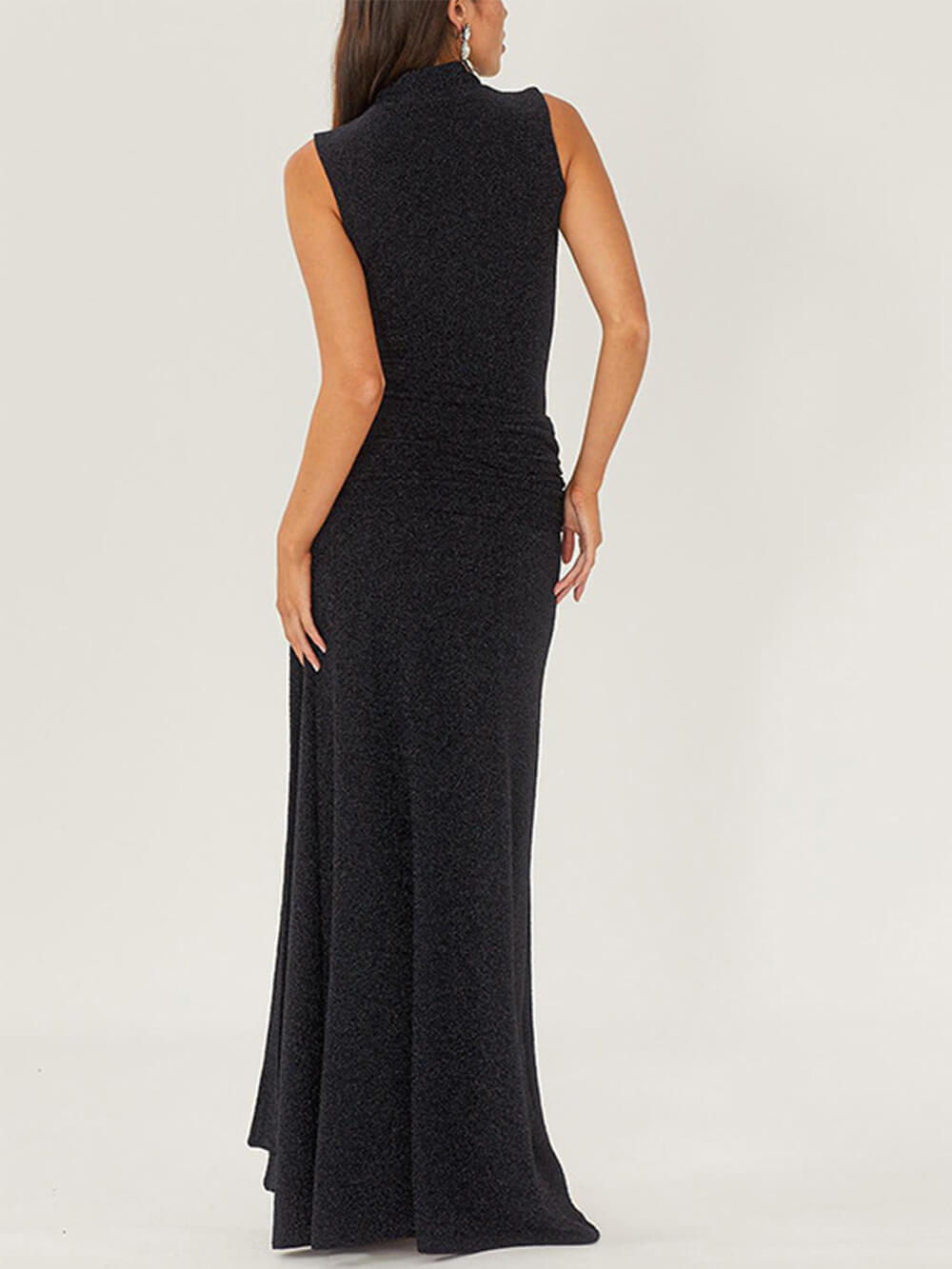 High Necked Sleeveless Long Dress With Ribbons And Bright Silk