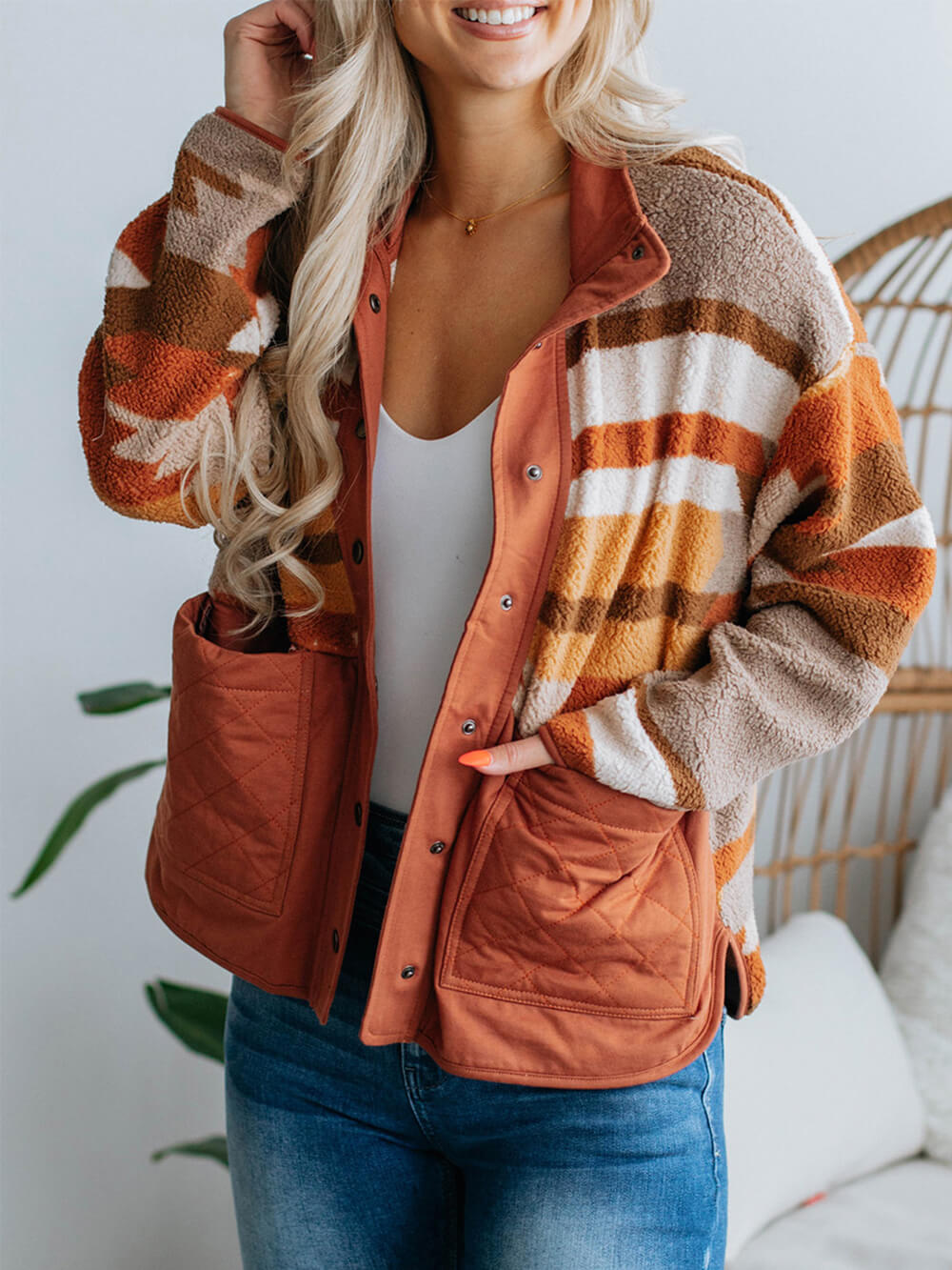 Striped Fleece Contrast Snap Front Quilted Pocket Jacket