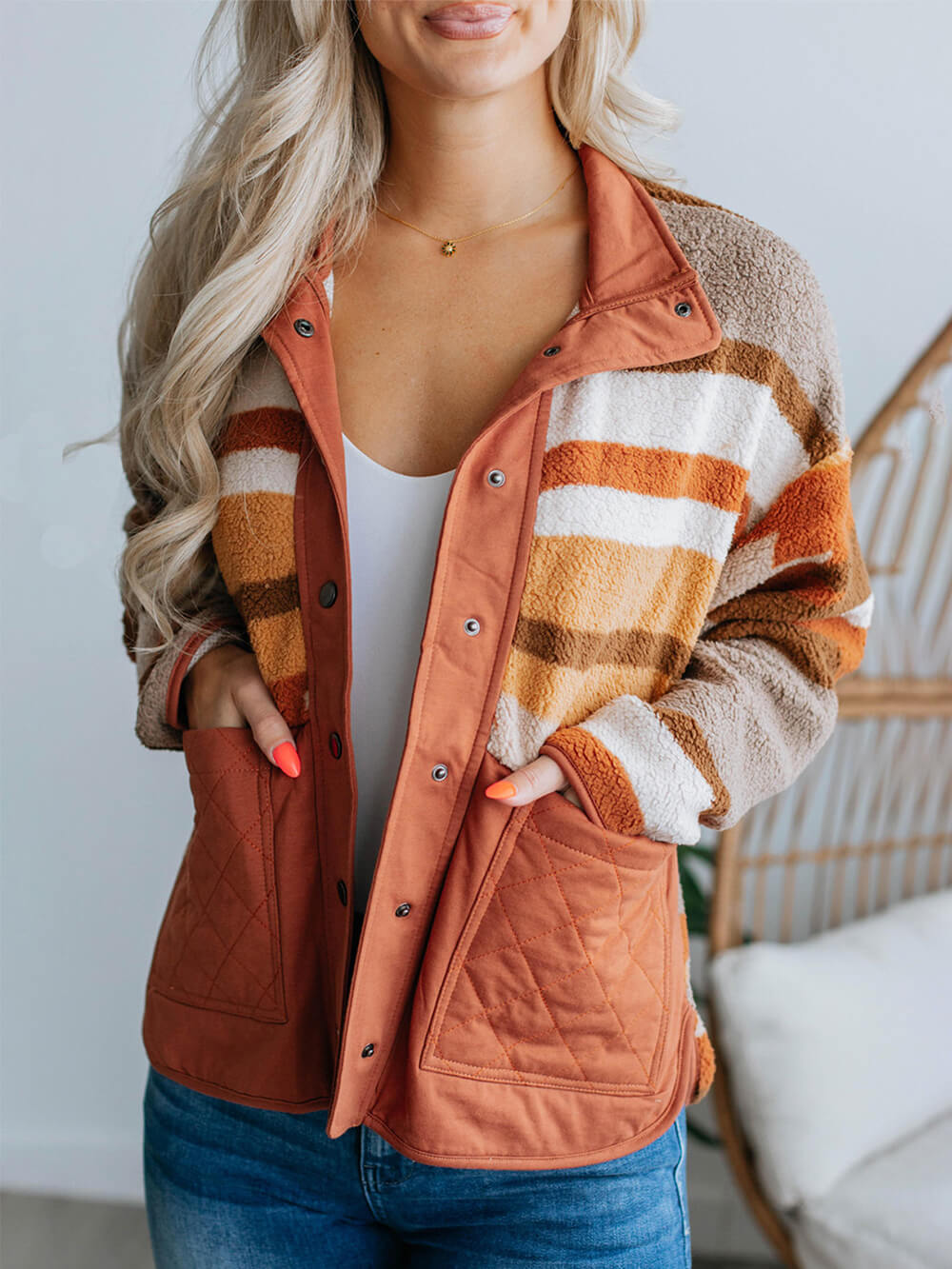 Striped Fleece Contrast Snap Front Quilted Pocket Jacket
