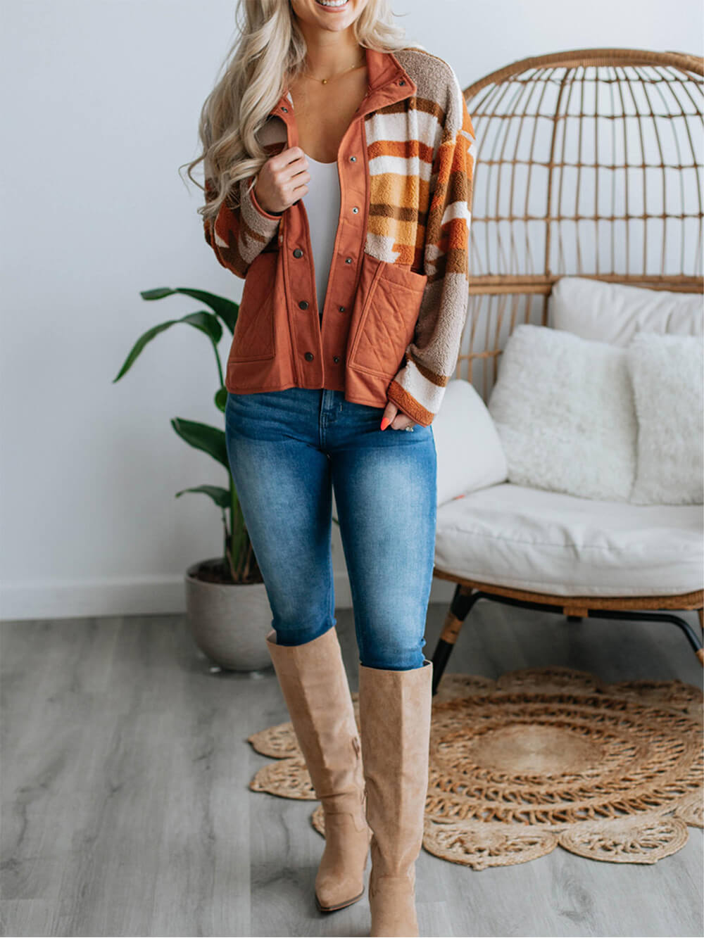Striped Fleece Contrast Snap Front Quilted Pocket Jacket