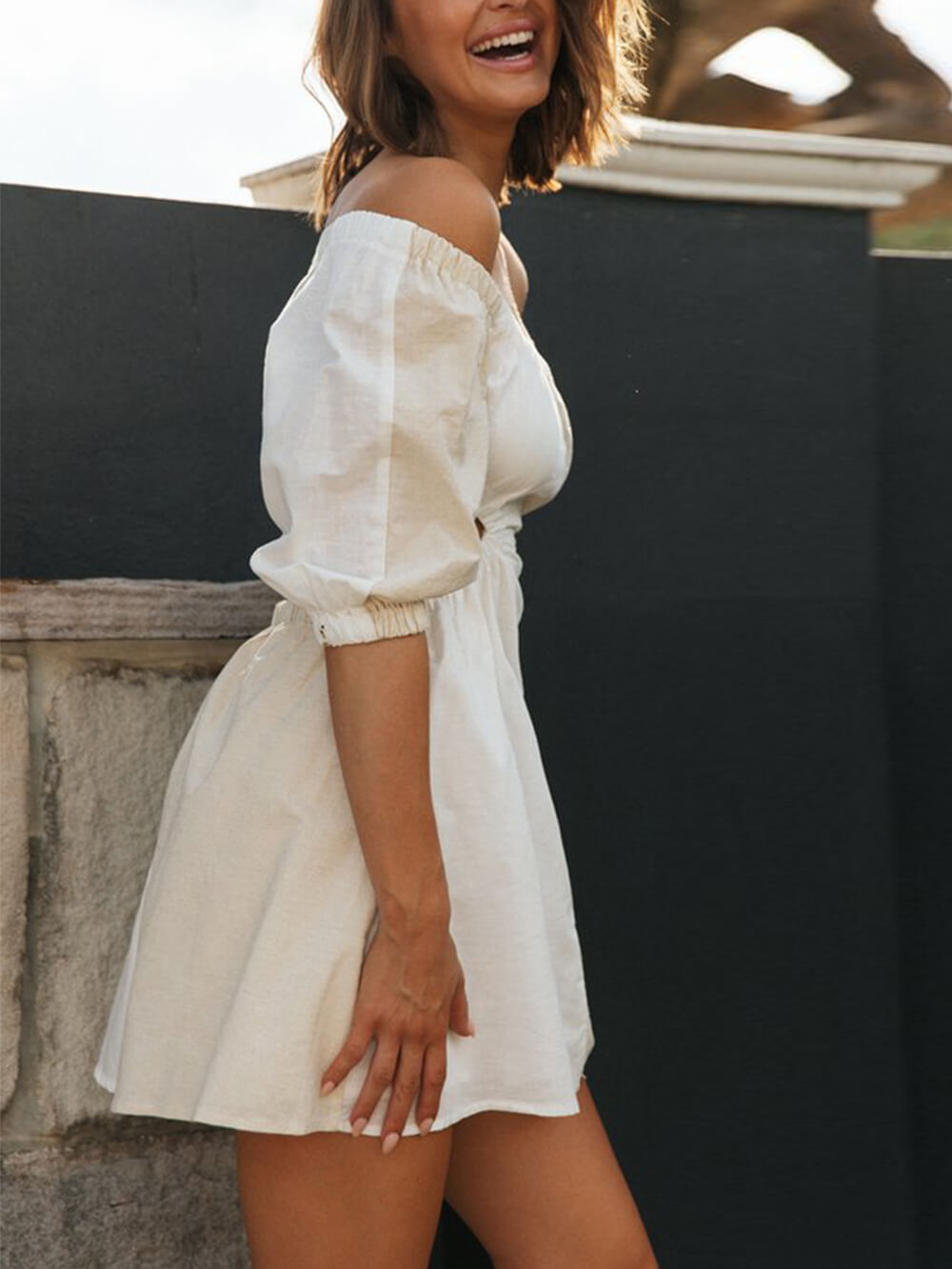 One Shoulder Off Waist Balloon Sleeve Mini Dress
