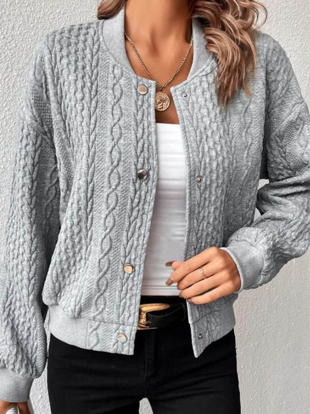 Cable Knit Texture Button Front Bomber Jacket
