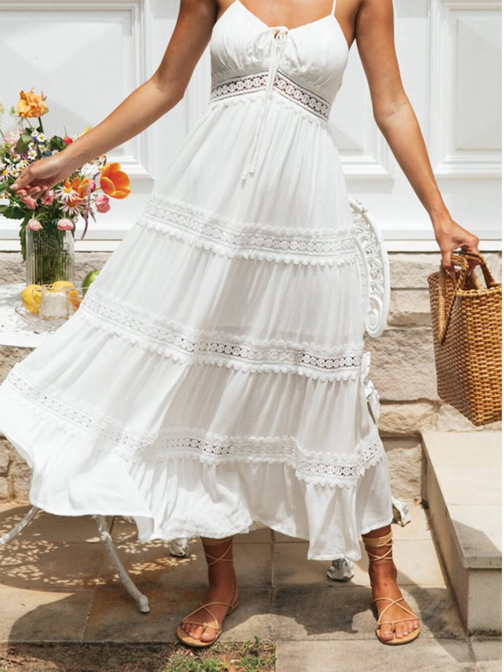 Solid Color Lace Suspender Midi Dress - View 5