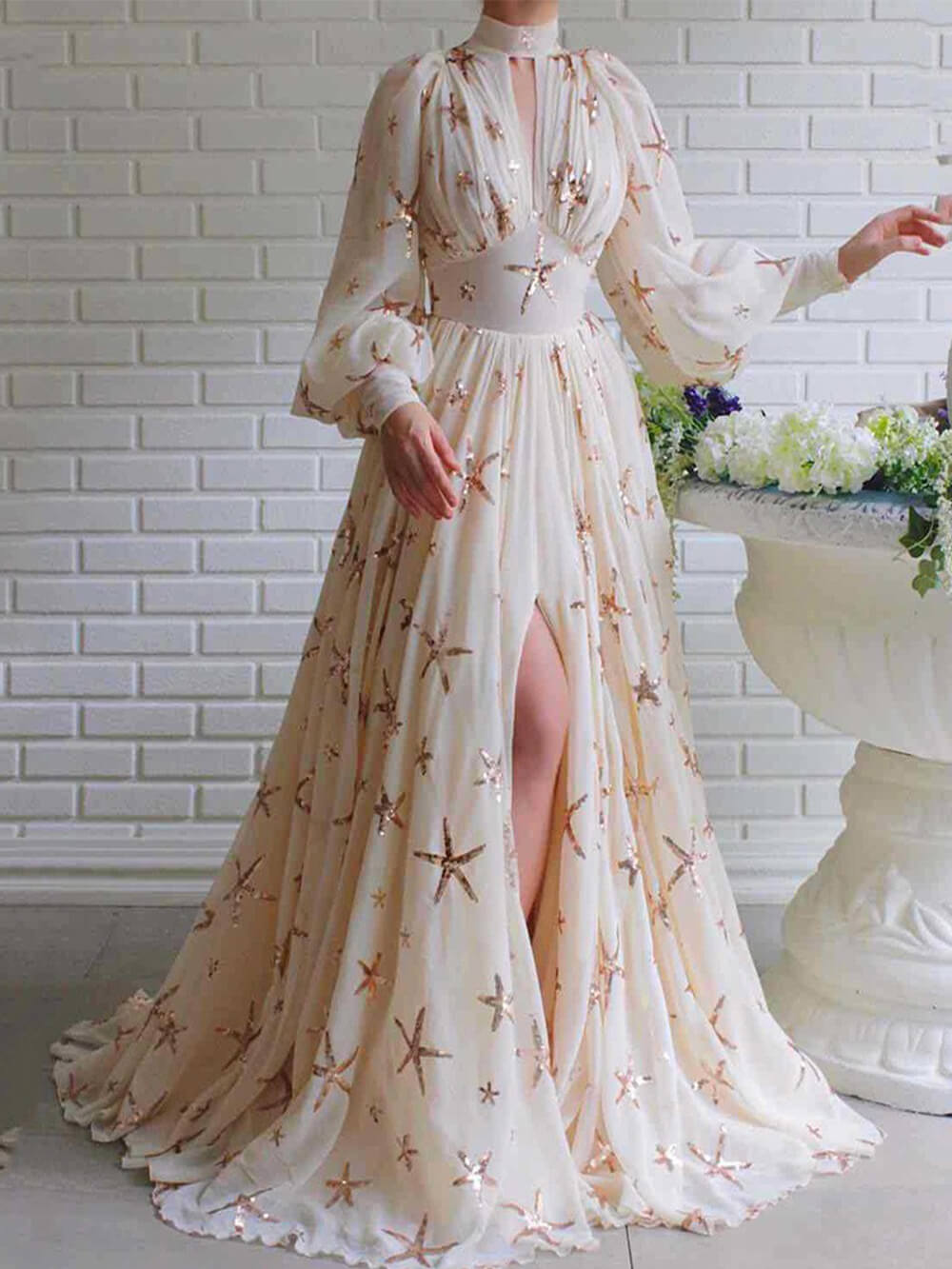 Sequin Starfish Chiffon High Neck Keyhole Lantern Sleeve High Split Gown