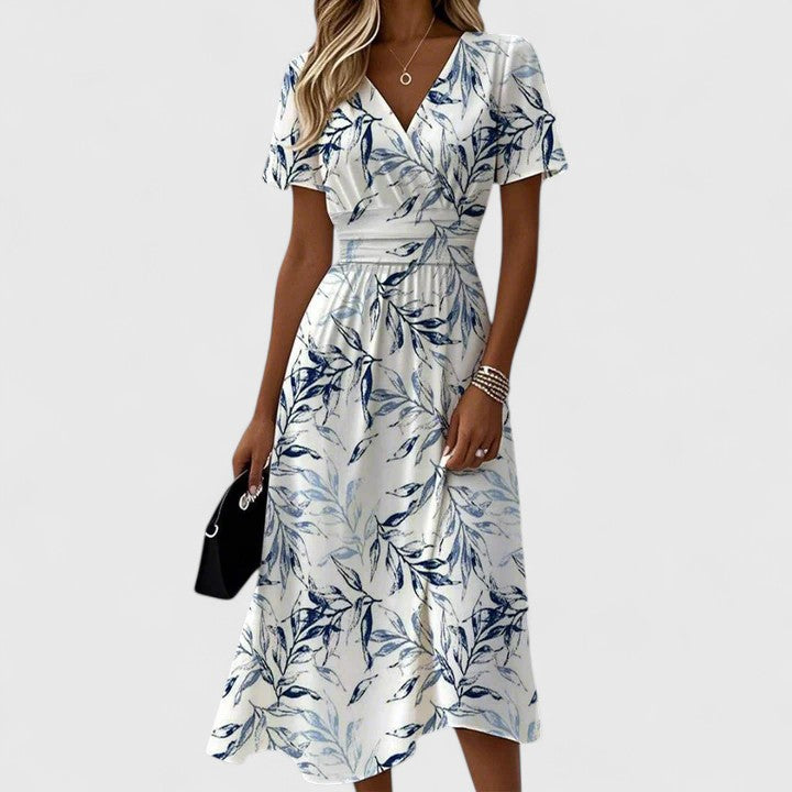 Floral Print V-Neck Short Sleeve A-Line Midi Dress