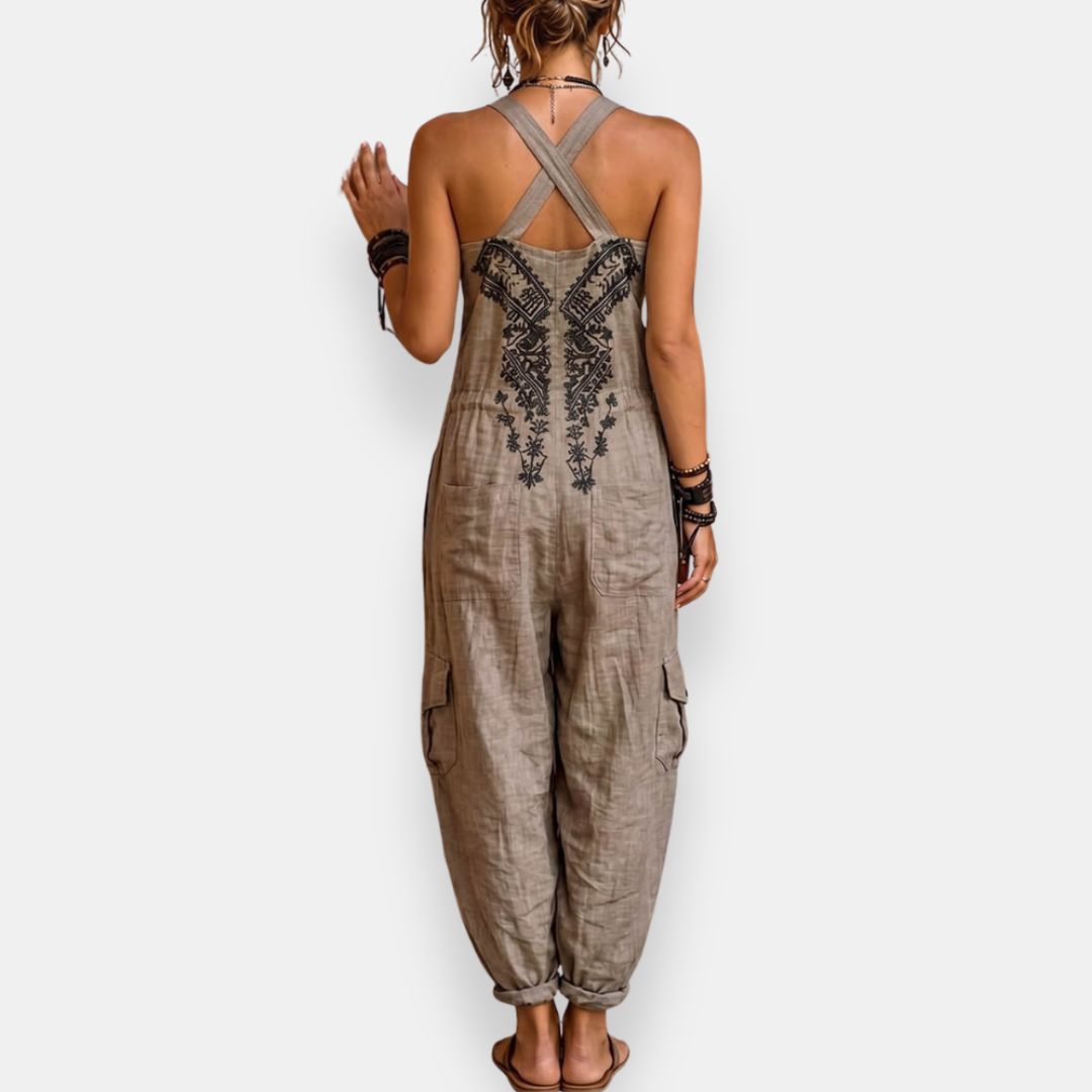 Embroidered Bib Front Pocket Harem Overall Jumpsuit