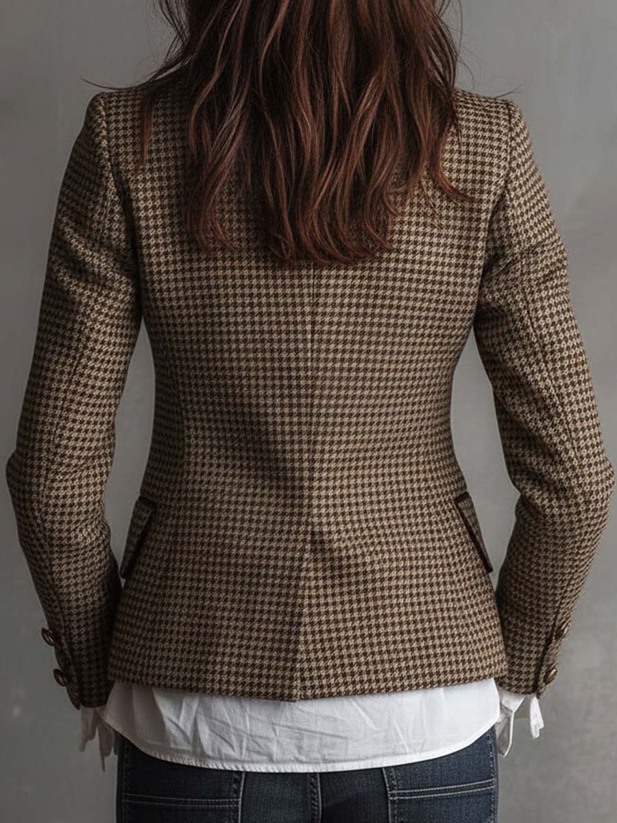 Houndstooth Tweed Contrast Trim Blazer
