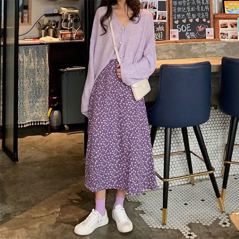 Flowers Pattern A-Line Chiffon Purple Skirts