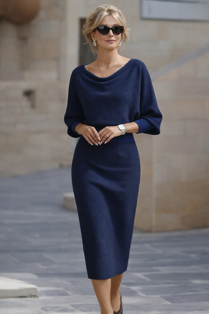 Cowl Neck Batwing Sleeve Knit Bodycon Midi Dress