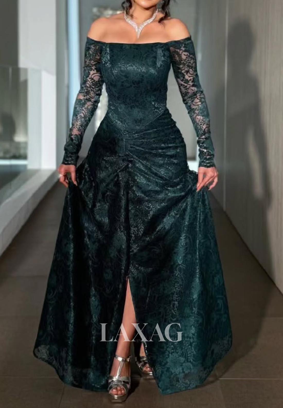Bateau-Neck Long-Sleeves Allover Lace Formal Gowns Floor-Length Pleated Mermaid Evening Dress
