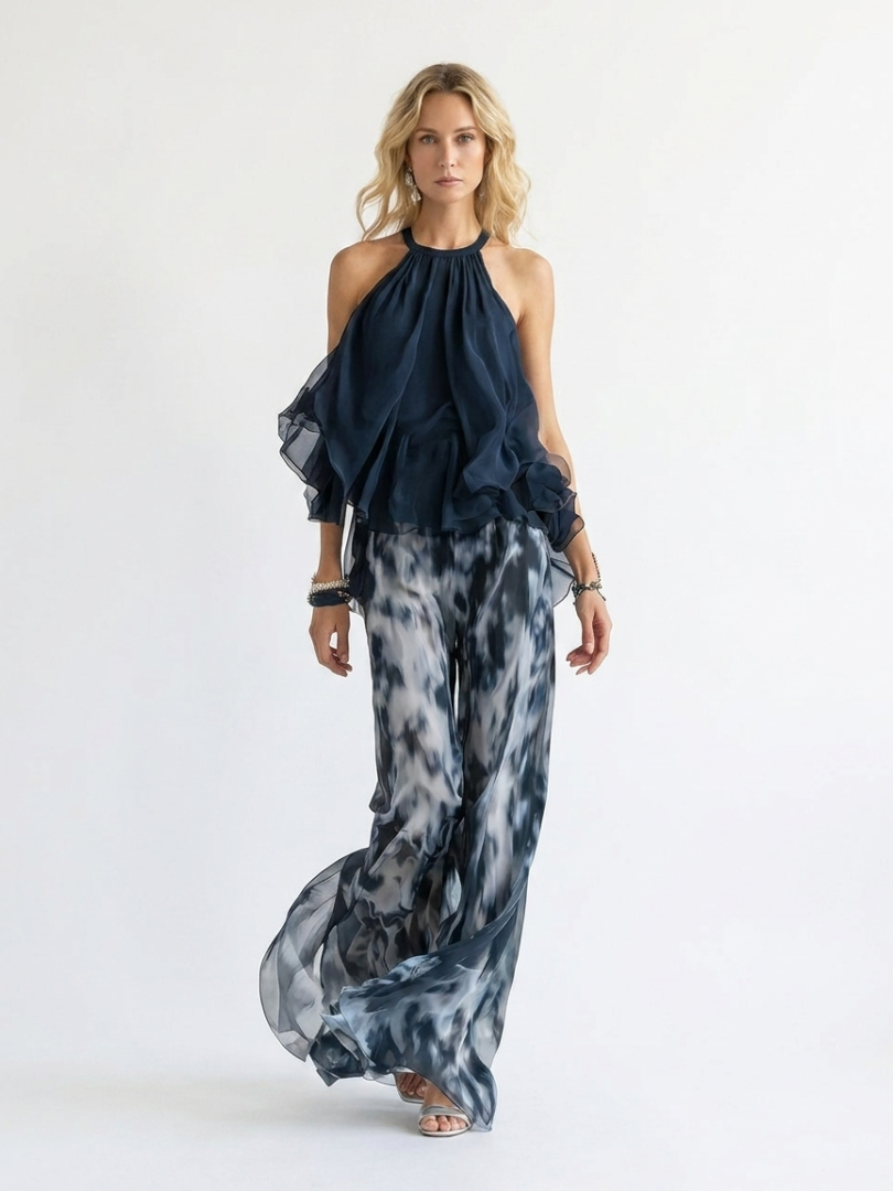 Halter Neck Ruffle Top and Wide Leg Pants Two Piece Set