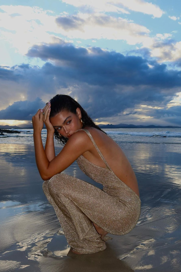Metallic Knit High Neck Side Cut Out Backless High Split Maxi Dress 4