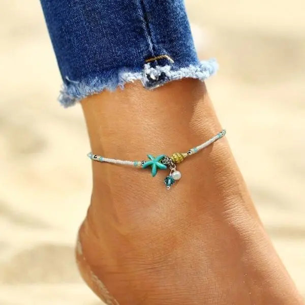 Beaded Starfish Shell and Pearl Charm Anklet