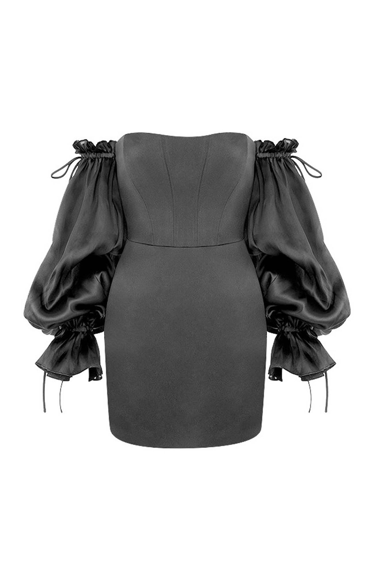 Off Shoulder Sheer Puff Sleeve Corset Bodice Satin Bodycon Mini Dress 13