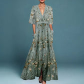 Floral Embroidered Deep V-Neck Maxi Dress