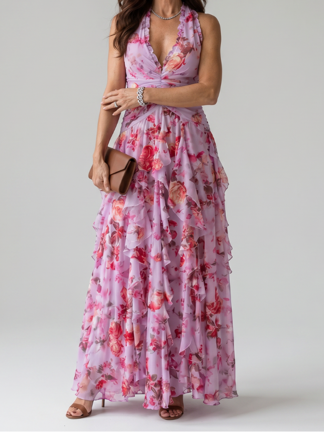 Floral Halter Deep V-Neck Ruched Ruffle Maxi Dress