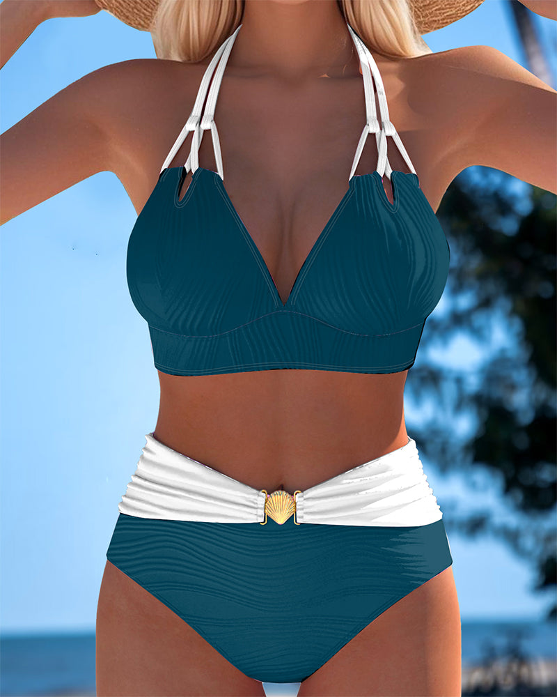 Halter Neck Ruched High Waist Bikini Set