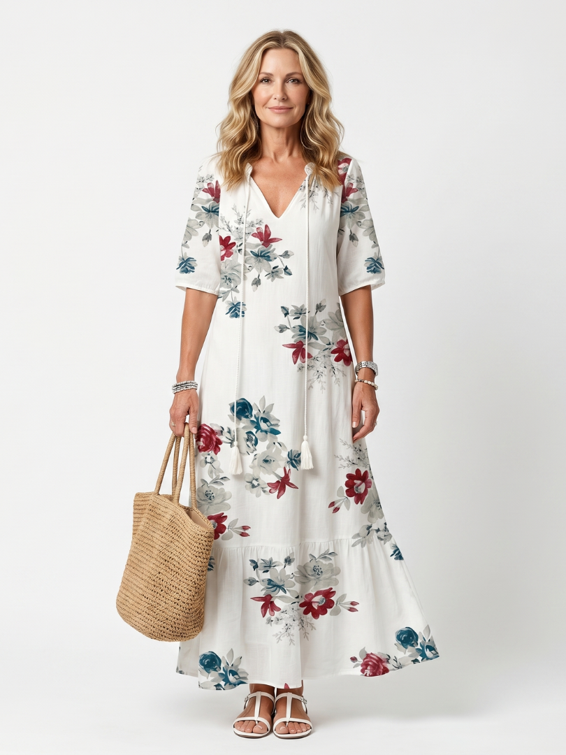 Floral V-Neck Tie Neck Short Sleeve Tiered Maxi Dress