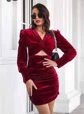Elegant Polka Dot Dress With Long Sleeves S / Burgundy Dresses