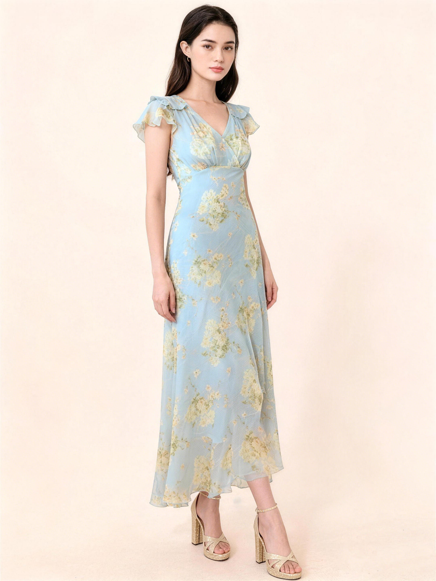 Floral Chiffon V-Neck Ruffle Sleeve A-Line Maxi Dress 3