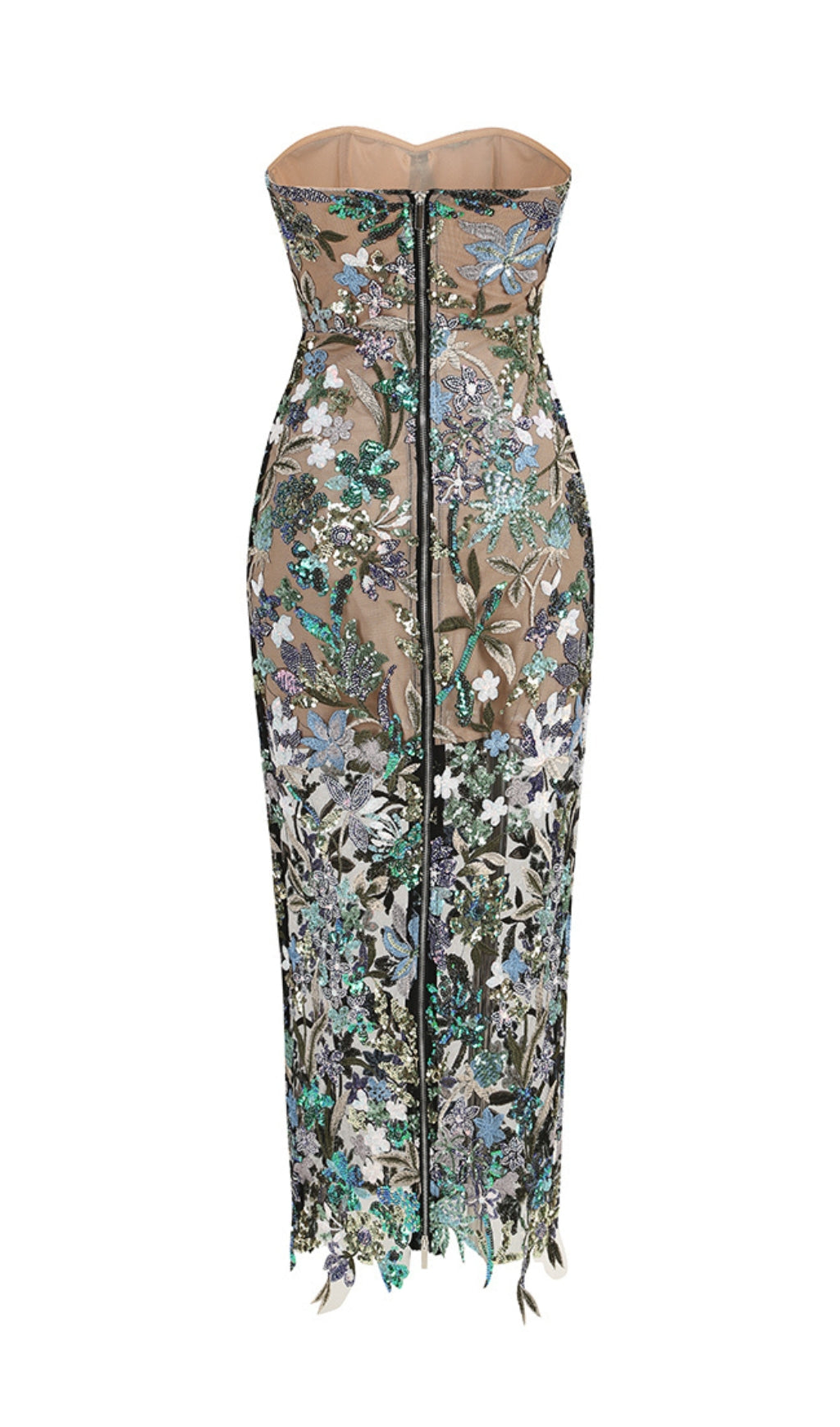 Strapless Floral Sequin Embroidered Mesh Column Maxi Dress 8