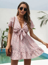Deep V-Neck Flounces Chiffon Flowered Top S / Blue Dresses