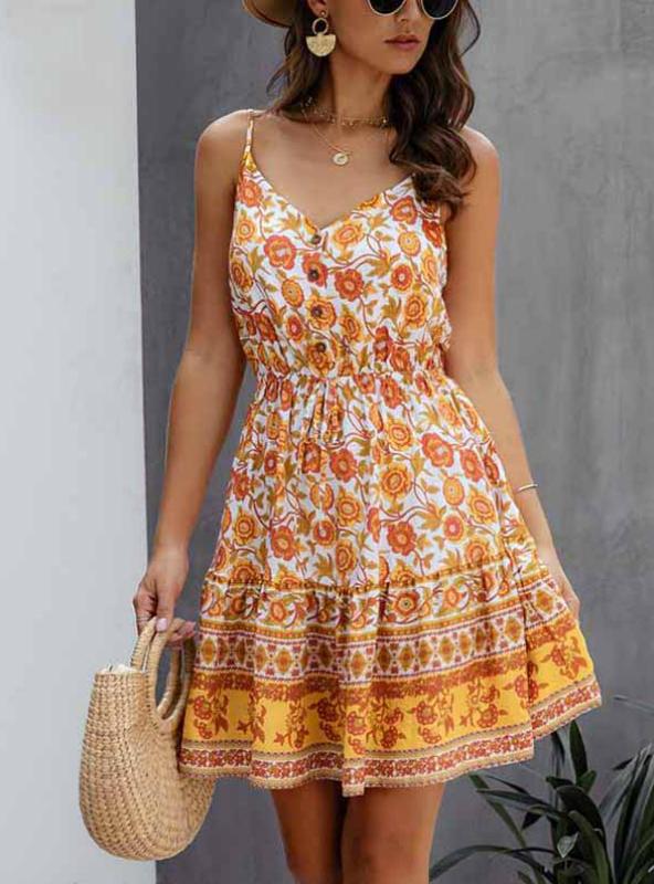 Boho Floral Border Print V-Neck Button Front Cami Mini Sundress