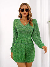 Colorful V-Neck Lantern Sleeve Sweater Dress S / Blue