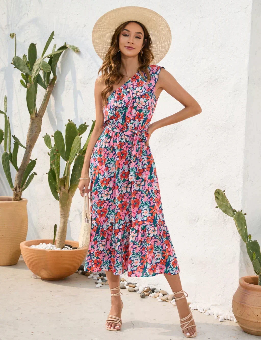 Floral Print One Shoulder Ruffle Belted Tiered Midi Dress