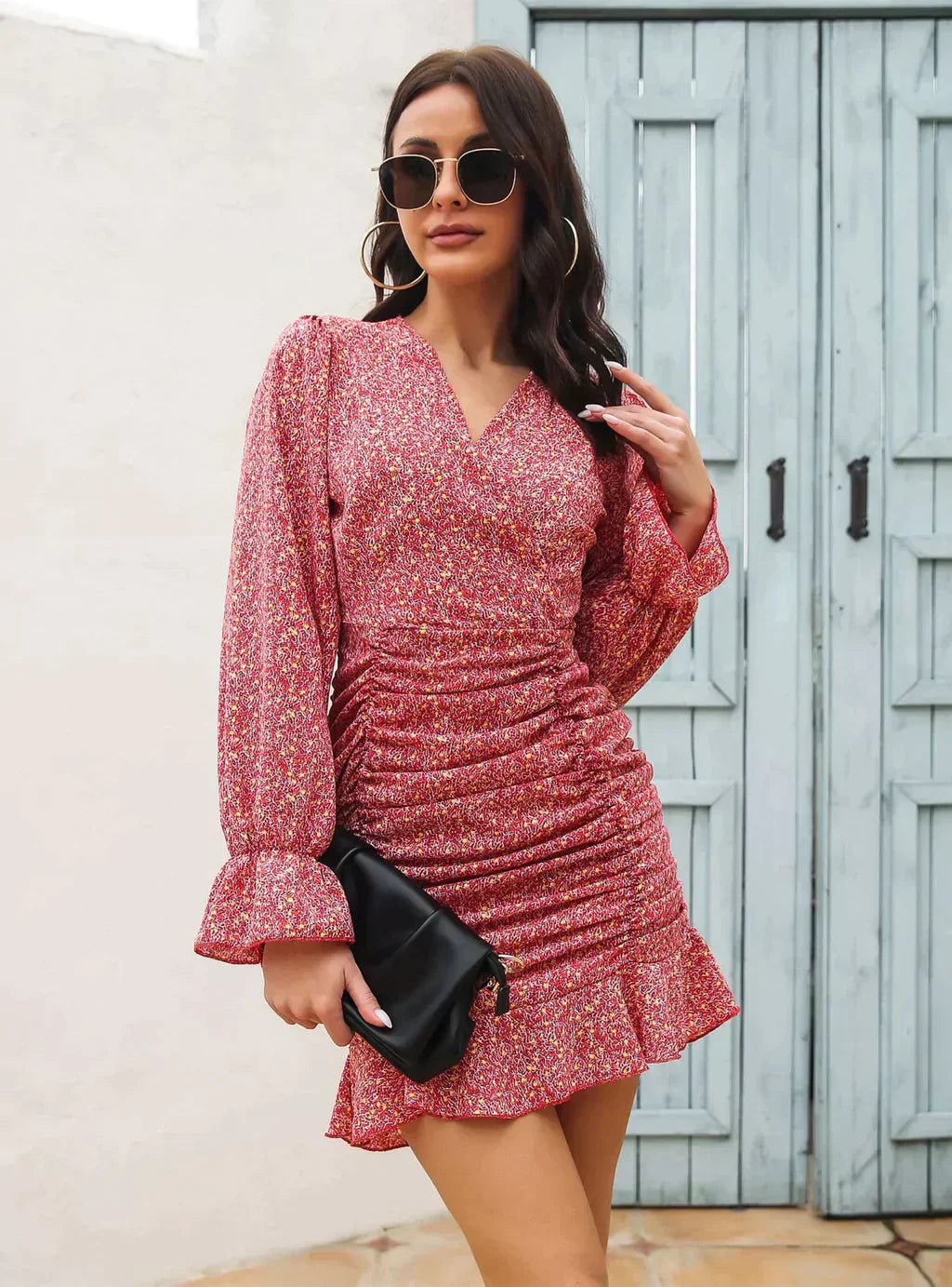 V-Neck Flounce Printed Chiffon Dress With Pleats S / Burgundy Dresses