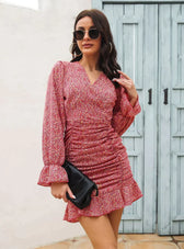V-Neck Flounce Printed Chiffon Dress With Pleats S / Burgundy Dresses
