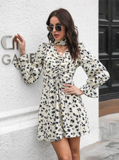 Patterned Arm Flared Flowered Gown With V-Neck Chiffon Drawstring S / Black Dresses