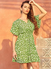 Casual Lace-Up With Gown V-Neck Flowered Design S / Green Lace Dress
