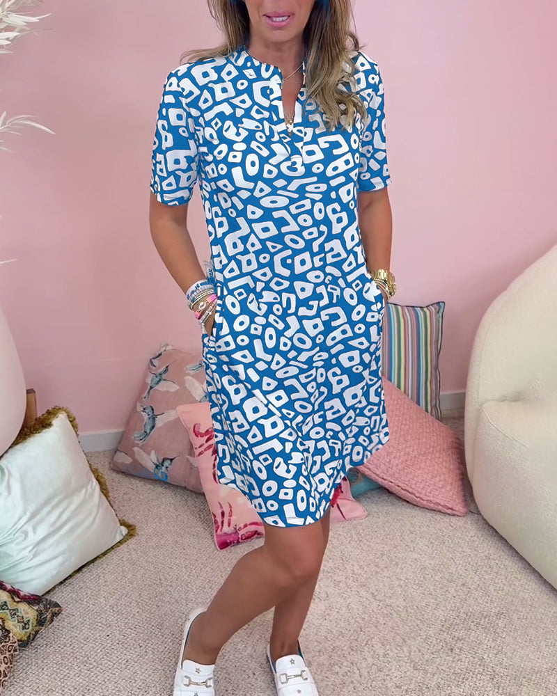Geometric Print Short Sleeve Pocket Shift Mini Dress