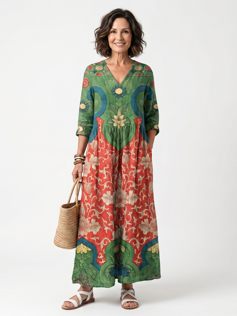 Floral Print V-Neck Pocket Maxi Dress