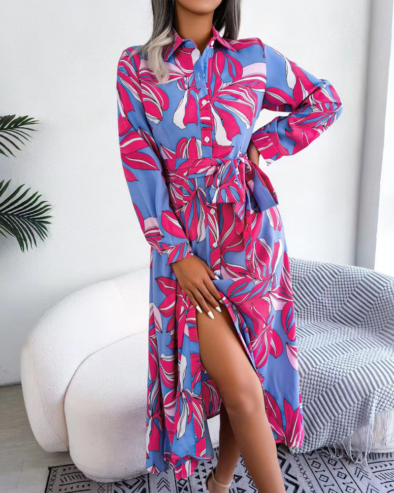 Floral Print Lapel Shirt Dress with Contrast