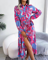 Floral Print Lapel Shirt Dress with Contrast