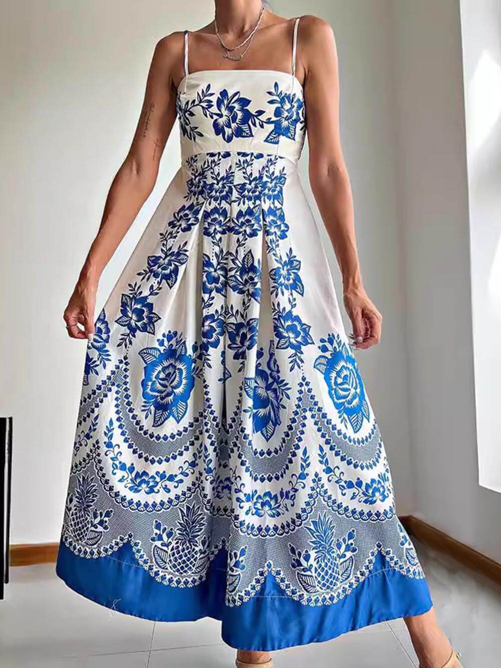 Floral Ethnic Print Back Graceful Smocked Loose Midi Dress Blue / S Dresses