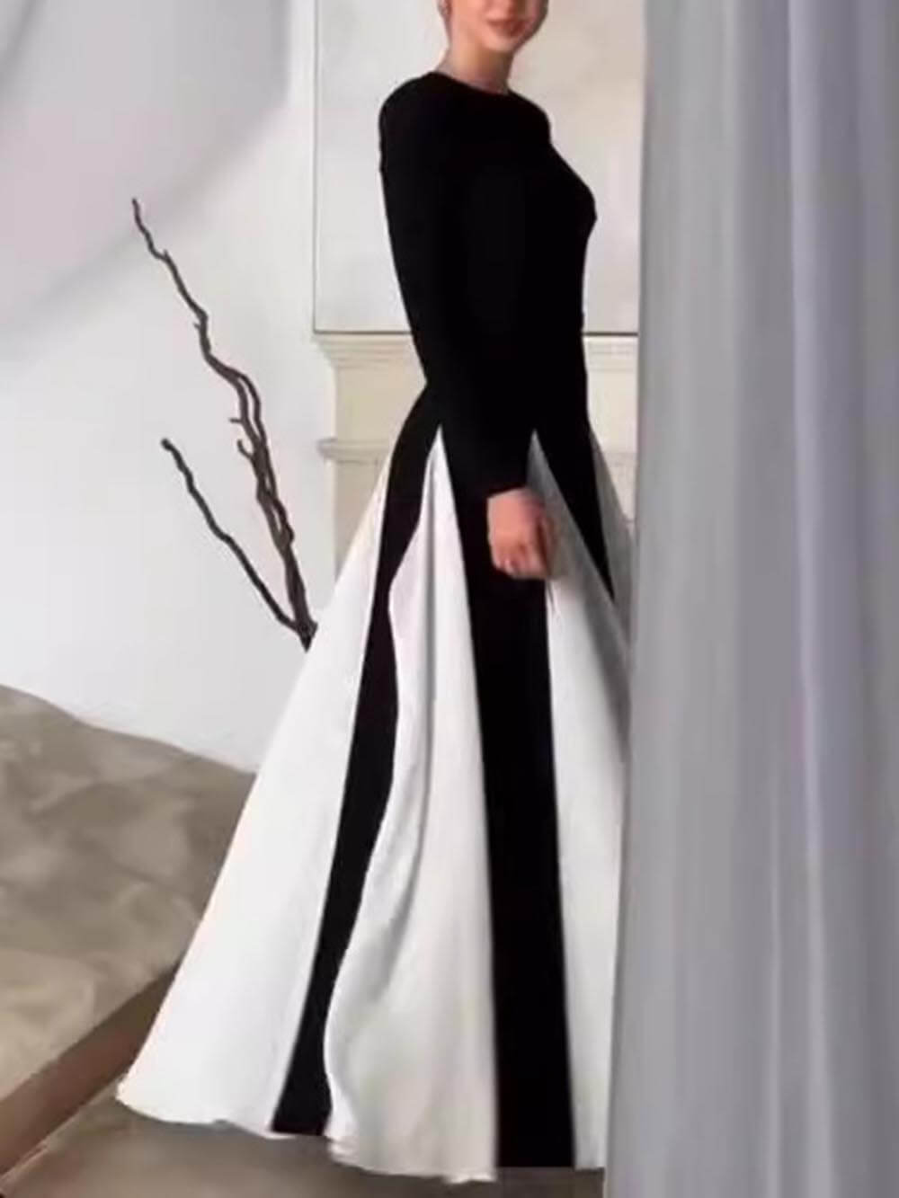Crew Neck Long Sleeve Contrast Panel Pleated A-Line Maxi Dress 5
