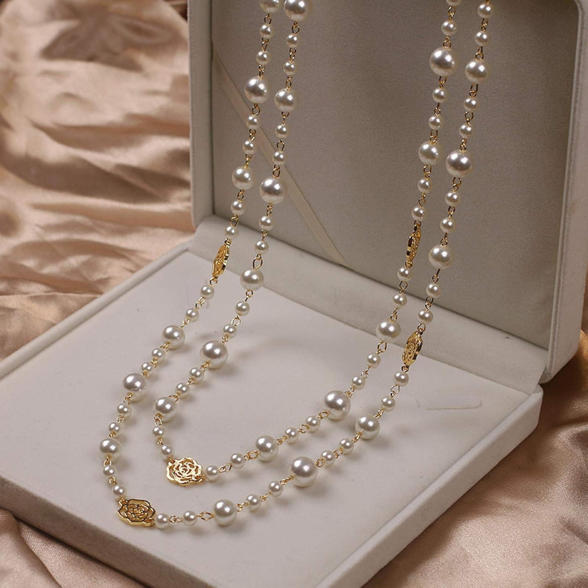 Layered Pearl Chain Necklace with Rose Charms