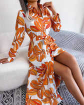 Floral Print Lapel Shirt Dress with Contrast