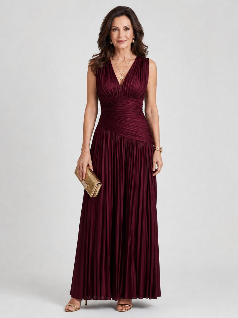 Pleated V-Neck Sleeveless Ruched Waist Maxi Gown