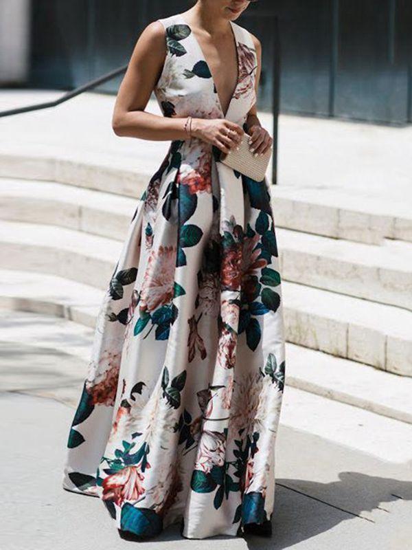 Floral Satin Deep V-Neck Sleeveless Maxi Gown